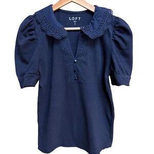 LOFT Women Navy Blue Eyelet Puff Sleeve Collar Top Blouse Sz S Cottagecore